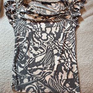 The Limited Grey and White Ruched Cap Sleeve Blouse